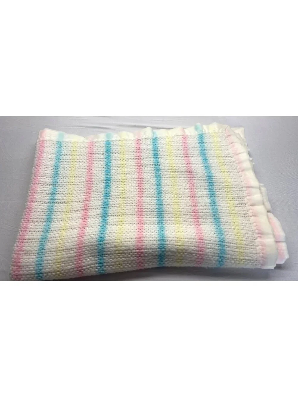 Vintage Baby Blanket Pastel Stripes Nylon Trim Waffle Weave Acrylic